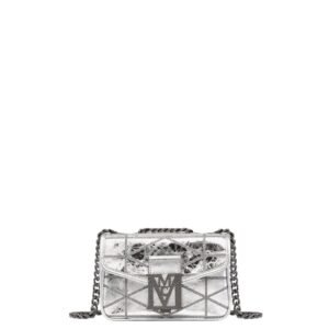MCM MINI TRAVIA QUILTED SHOULDER BAG IN CRASH CALF LEATHER SILVER