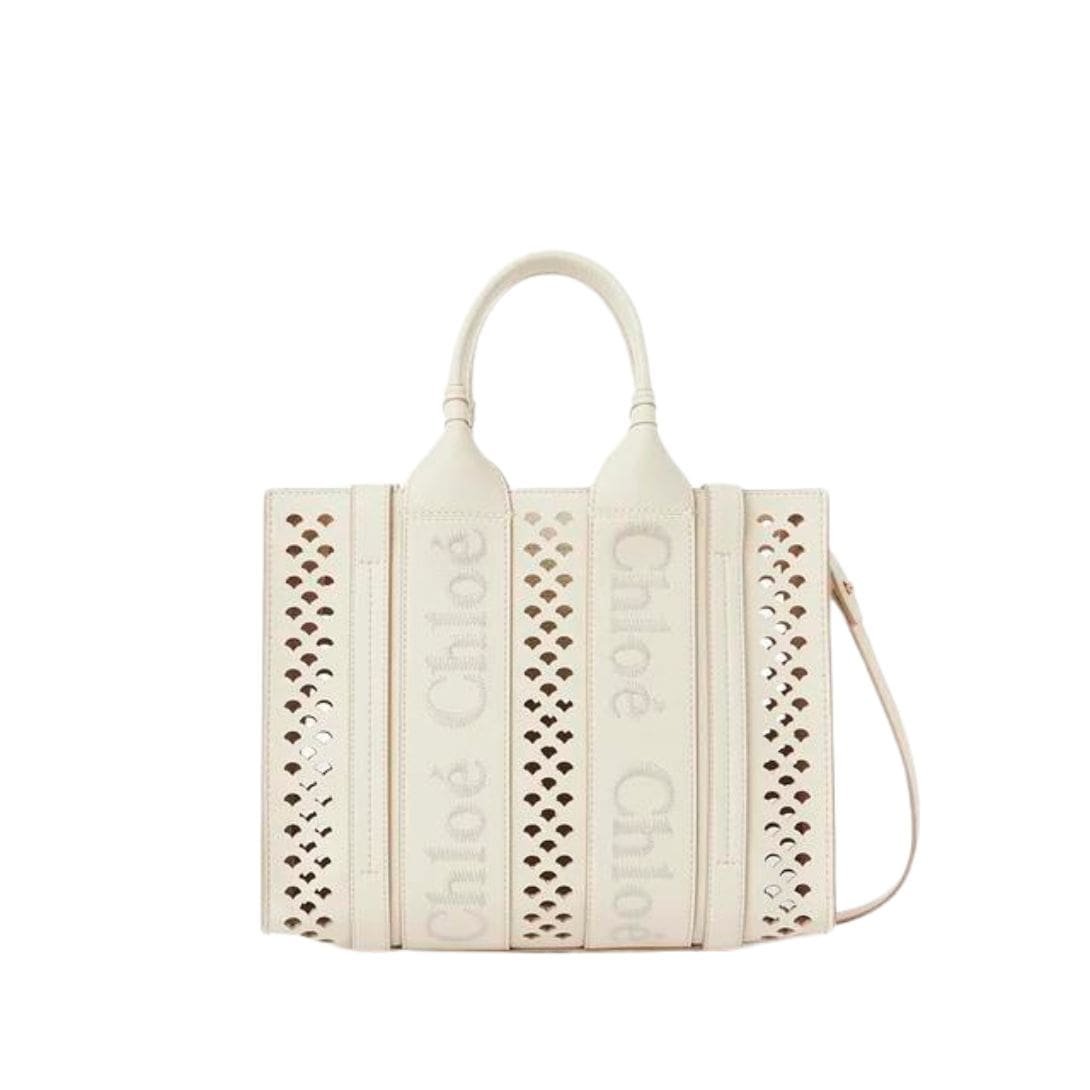 CHLOE SMALL WOODY TOTE BAG WITH STRAP MISTY IVORY - Image 7