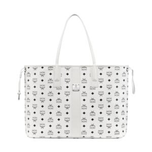 MCM LARGE REVERSIBLE LIZ SHOPPER IN VISETOS WHITE