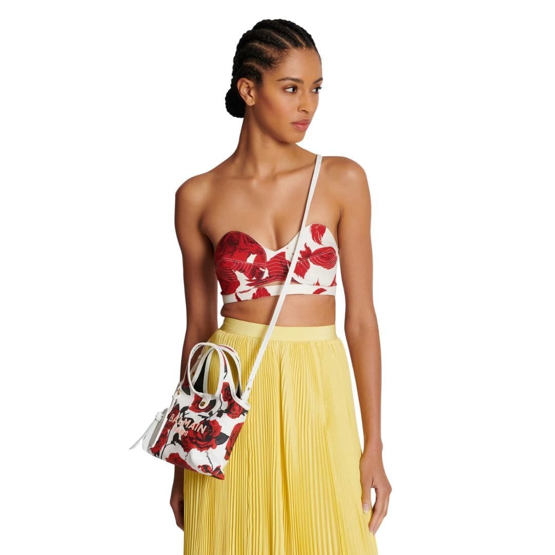 BALMAIN CANVAS B-ARMY MINI GROCERY BAG WITH A ROSES PRINT - Image 3