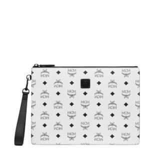 MCM MEDIUM AREN WRISTLET ZIP POUCH IN VISETOS WHITE