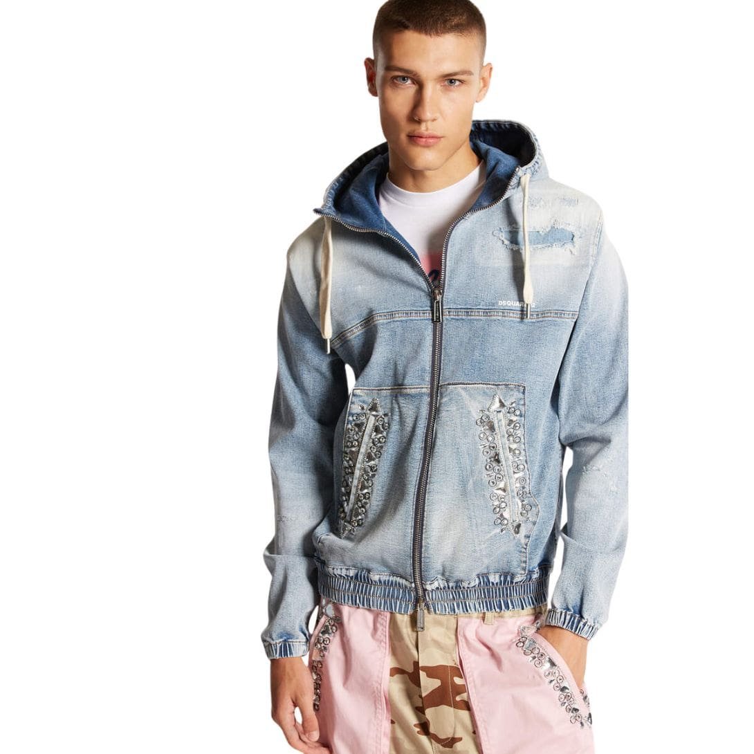 DSQUARED2 LIGHT SUPER SOFT WASH DENIM DIAMONDS HOODIE JACKET - Image 4