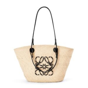 LOEWE ANAGRAM BASKET BAG IN IRACA PALM AND CALFSKIN
