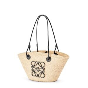 LOEWE SMALL ANAGRAM BASKET BAG IN IRACA PALM AND CALFSKIN
