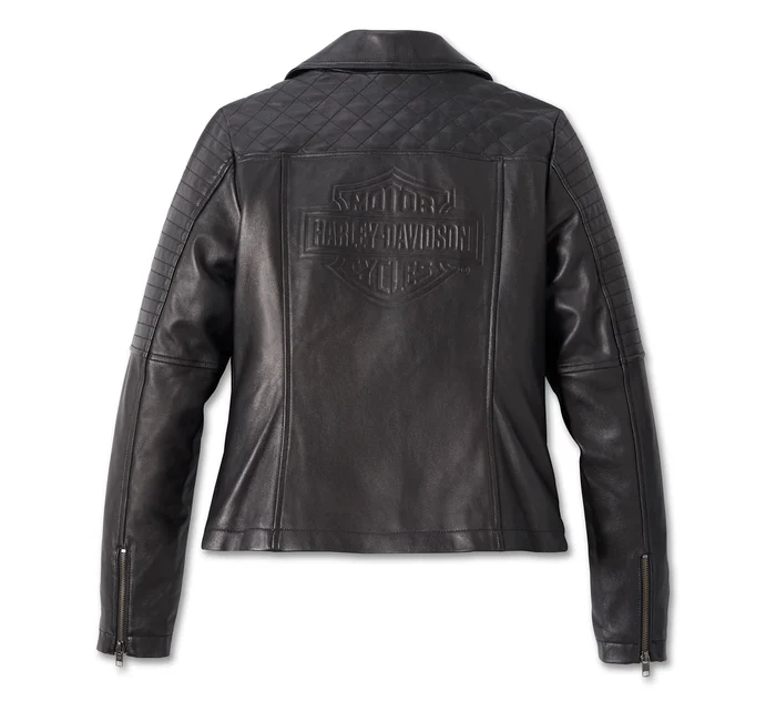 Women's Classic Biker Debossed Leather Jacket - Image 2