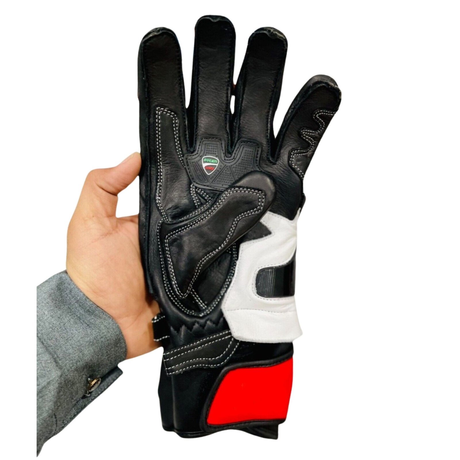DUCATI MOTORBIKE RACING LEATHER GLOVES WHITE, BLACK & RED - Image 2