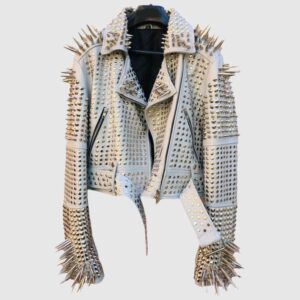 Comfortable White Color Brando Metal Spiked Leather Round Studs Jacket