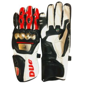 DUCATI MOTORBIKE RACING LEATHER GLOVES BLACK, WHITE & RED