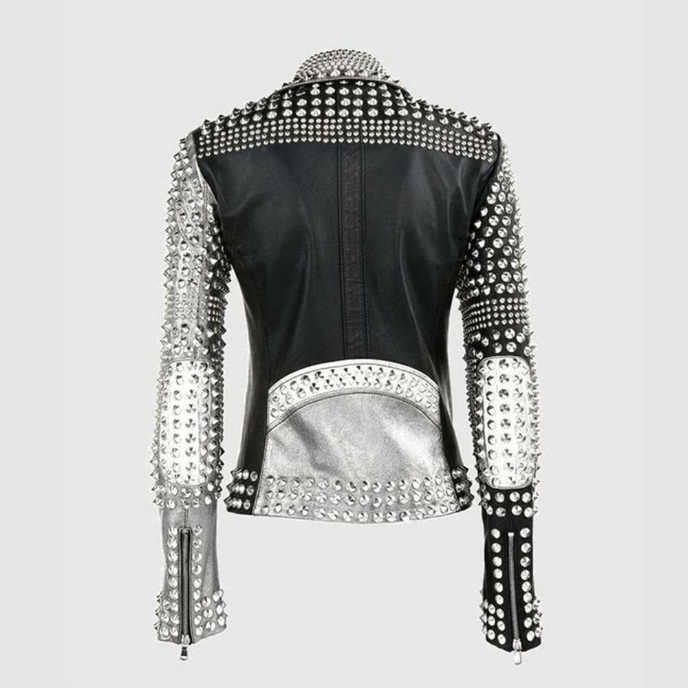 Ladies Brando Silver Black Cone Studded Leather Zippered Gothic Jacket - Image 2
