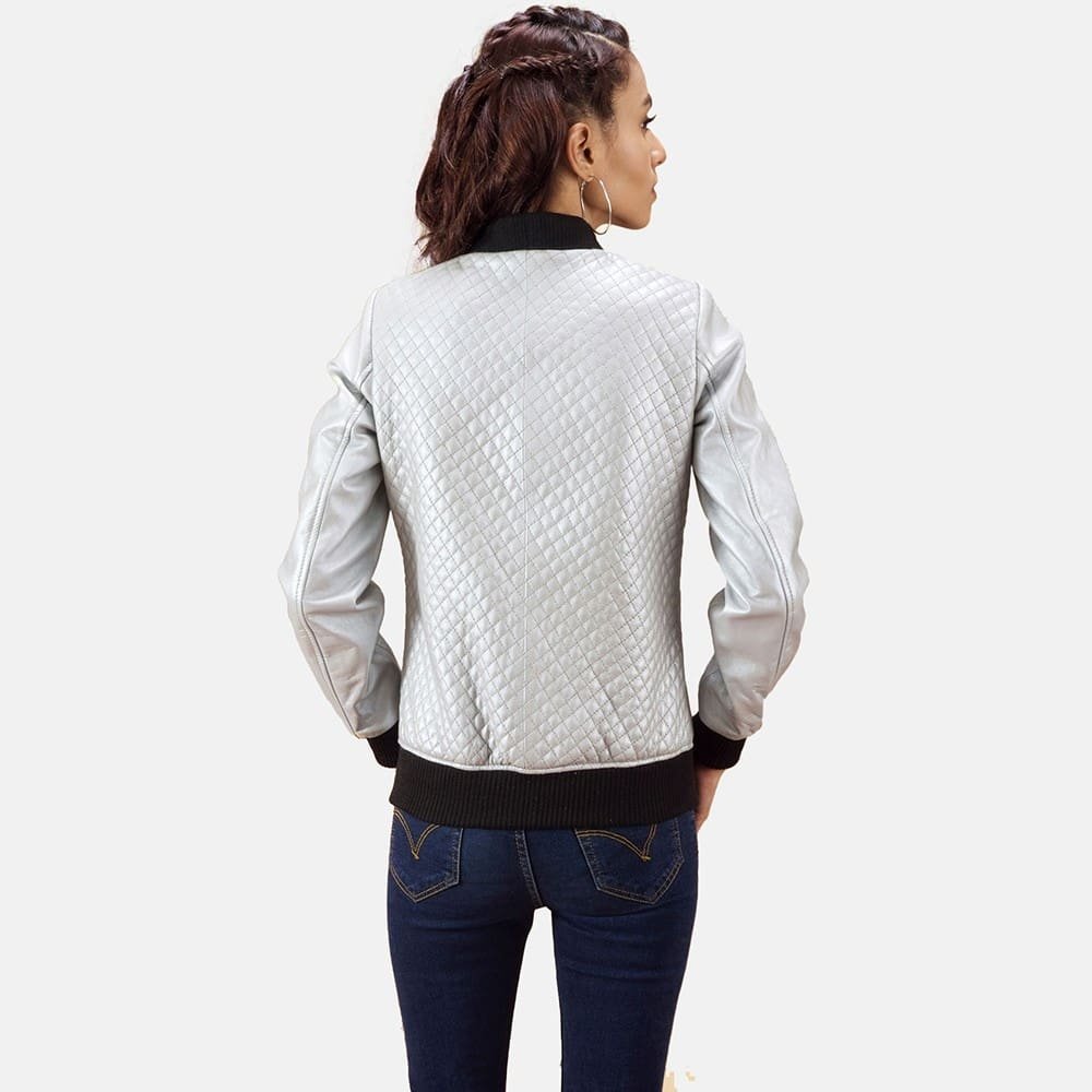 Silver Quilted Bomber Leather Jacket Women - Image 2
