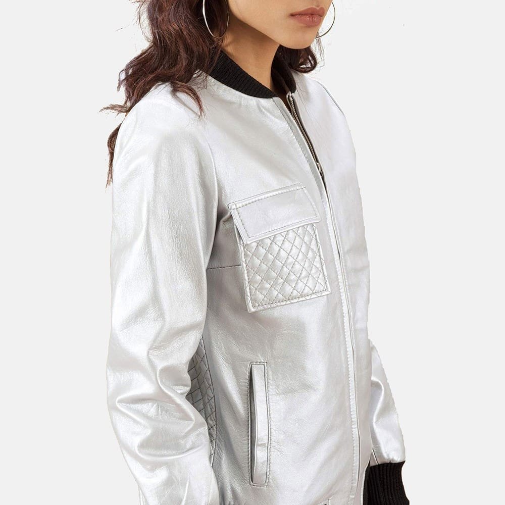Silver Quilted Bomber Leather Jacket Women - Image 4