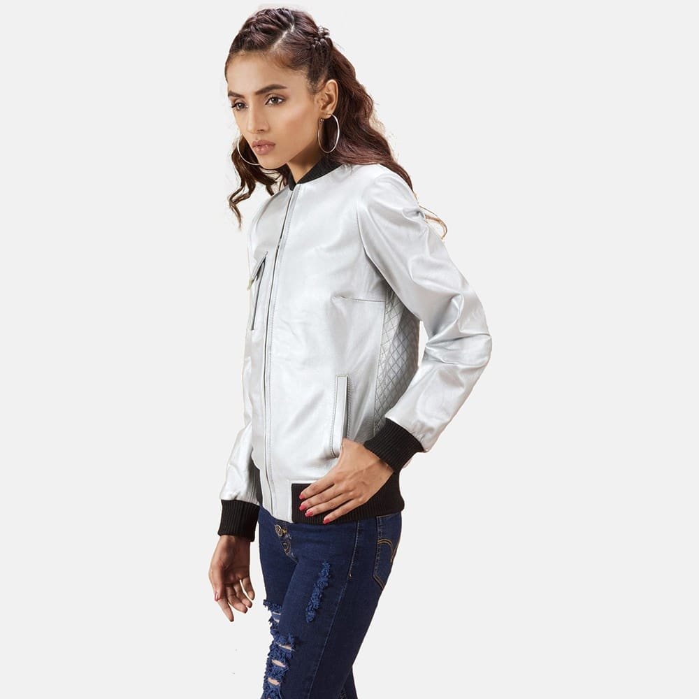 Silver Quilted Bomber Leather Jacket Women - Image 3