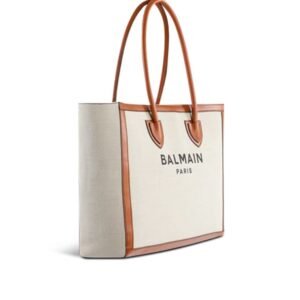 BALMAIN ECRU CANVAS B-ARMY 42 TOTE BAG WITH BROWN LEATHER PANELS