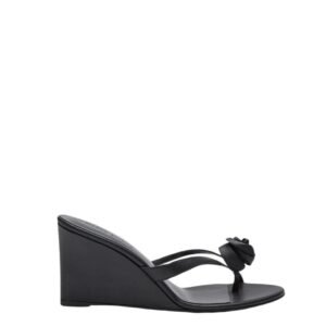 MAGDA BUTRYM WEDGE FLOWER SANDALS IN BLACK LEATHER