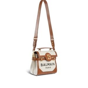 BALMAIN ECRU CANVAS B-BUZZ 23 BAG WITH BROWN LEATHER PANELS