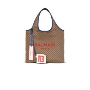 BALMAIN GROCERY BAG IN MONOGRAM CANVAS AND SMOOTH LEATHER