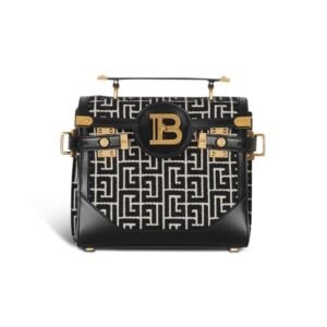 BALMAIN BICOLOR JACQUARD B-BUZZ 23 BAG WITH BLACK LEATHER PANEL