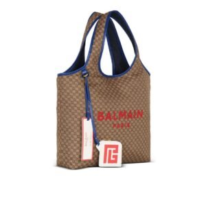 BALMAIN GROCERY BAG IN MONOGRAM CANVAS AND SMOOTH LEATHER