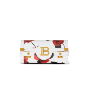 BALMAIN CALFSKIN B-BUZZ POUCH 23 WITH A ROSES PRINT AND EMBOSSED GRID MOTIF