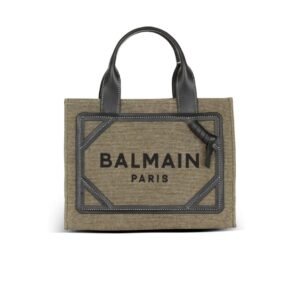 BALMAIN B-ARMY SMALL CANVAS SHOPPING BAG WITH LEATHER INSERTS