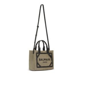 BALMAIN B-ARMY SMALL CANVAS SHOPPING BAG WITH LEATHER INSERTS