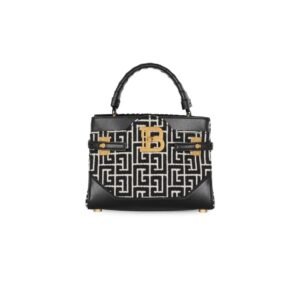 BALMAIN B-BUZZ 22 TOP HANDLE BAG IN LEATHER WITH JACQUARD MONOGRAM