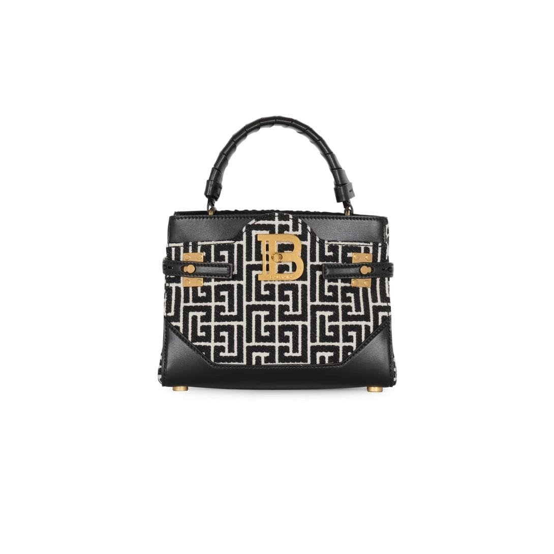 BALMAIN B-BUZZ 22 TOP HANDLE BAG IN LEATHER WITH JACQUARD MONOGRAM