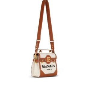 BALMAIN ECRU CANVAS B-BUZZ 23 BAG WITH BROWN LEATHER PANELS