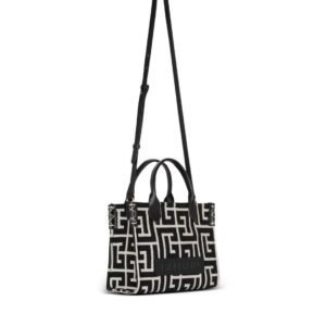 BALMAIN B-ARMY MONOGRAMMED JACQUARD AND LEATHER TOTE BAG