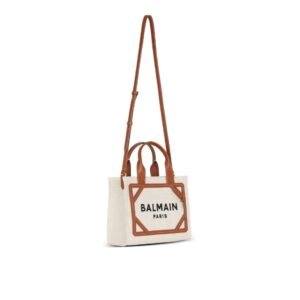 BALMAIN B-ARMY SMALL CANVAS SHOPPING BAG WITH LEATHER INSERTS