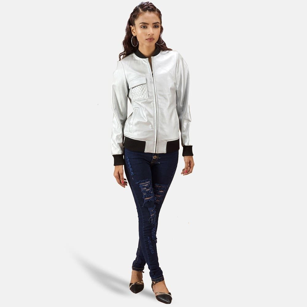 Silver Quilted Bomber Leather Jacket Women - Image 5