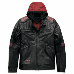 DONHILL HOODIE DISTRESSED HARLEY DAVIDSON MEN’S BLACK & RED BIKER MOTORCYCLE GENUINE LEATHER JACKET