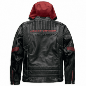 DONHILL HOODIE DISTRESSED HARLEY DAVIDSON MEN’S BLACK & RED BIKER MOTORCYCLE GENUINE LEATHER JACKET