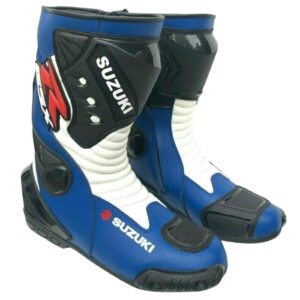 SUZUKI MOTORCYCLE LEATHER BOOTS BLUE, WHITE & BLACK