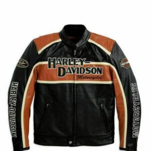 GENUINE MEN’S HARLEY DAVIDSON CLASSIC BLACK & ORANGE BIKER LEATHER JACKET