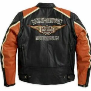 GENUINE MEN’S HARLEY DAVIDSON CLASSIC BLACK & ORANGE BIKER LEATHER JACKET