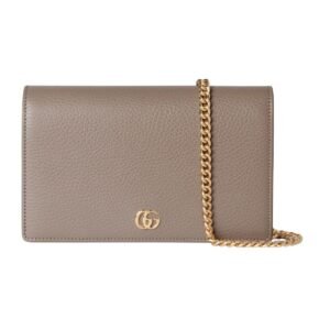 WOMEN GUCCI GG MARMONT LEATHER MINI CHAIN BAG TAUPE LEATHER