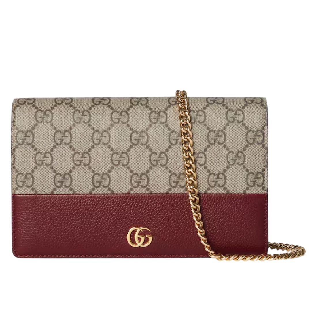 WOMEN GUCCI GG MARMONT LEATHER MINI CHAIN BAG BEIGE AND ANCORA RED