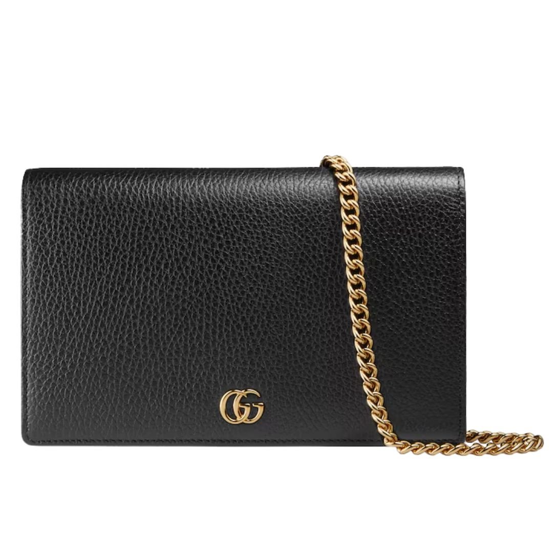 WOMEN GUCCI GG MARMONT LEATHER MINI CHAIN BAG BLACK LEATHER