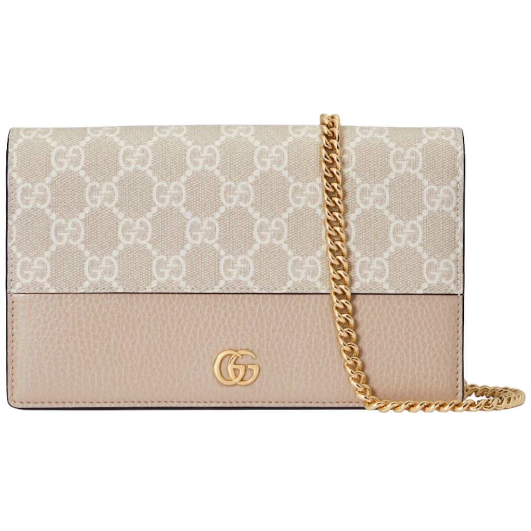 WOMEN GUCCI GG MARMONT LEATHER MINI CHAIN BAG OATMEAL LEATHER