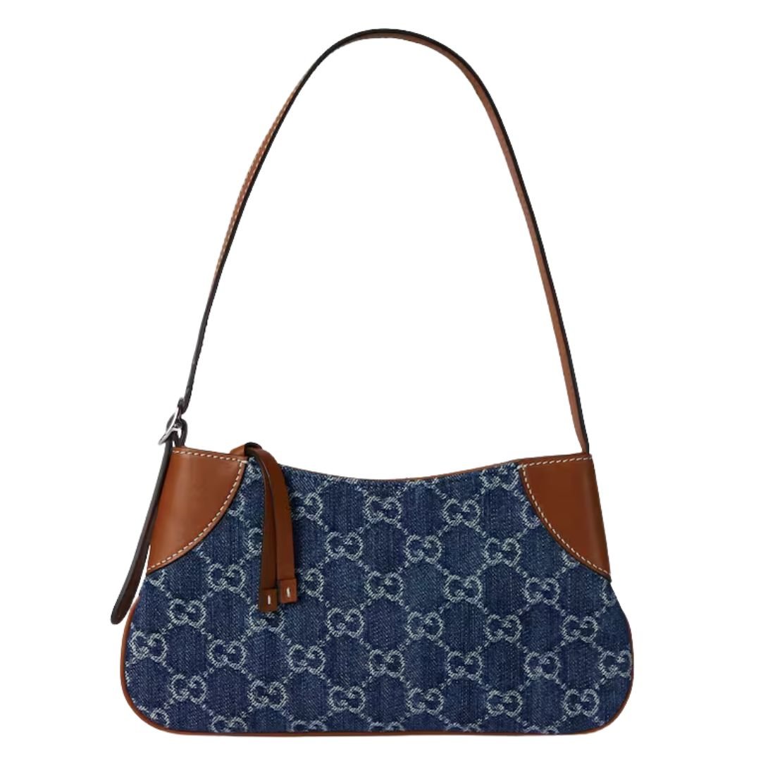 GUCCI GG EMBLEM SMALL SHOULDER BAG BLUE AND IVORY