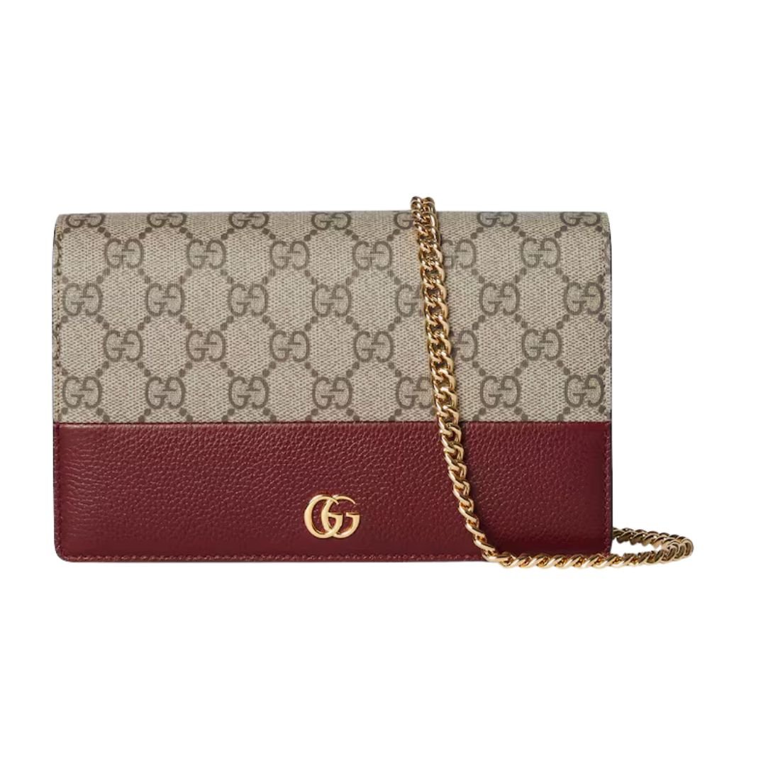GUCCI GG MARMONT BI-COLOR WALLET ON CHAIN BEIGE AND ROSSO ANCORA RED
