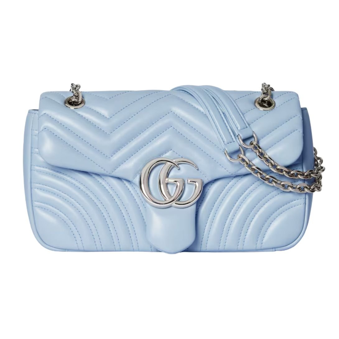 GUCCI GG MARMONT MEDIUM SHOULDER BAG LIGHT BLUE LEATHER