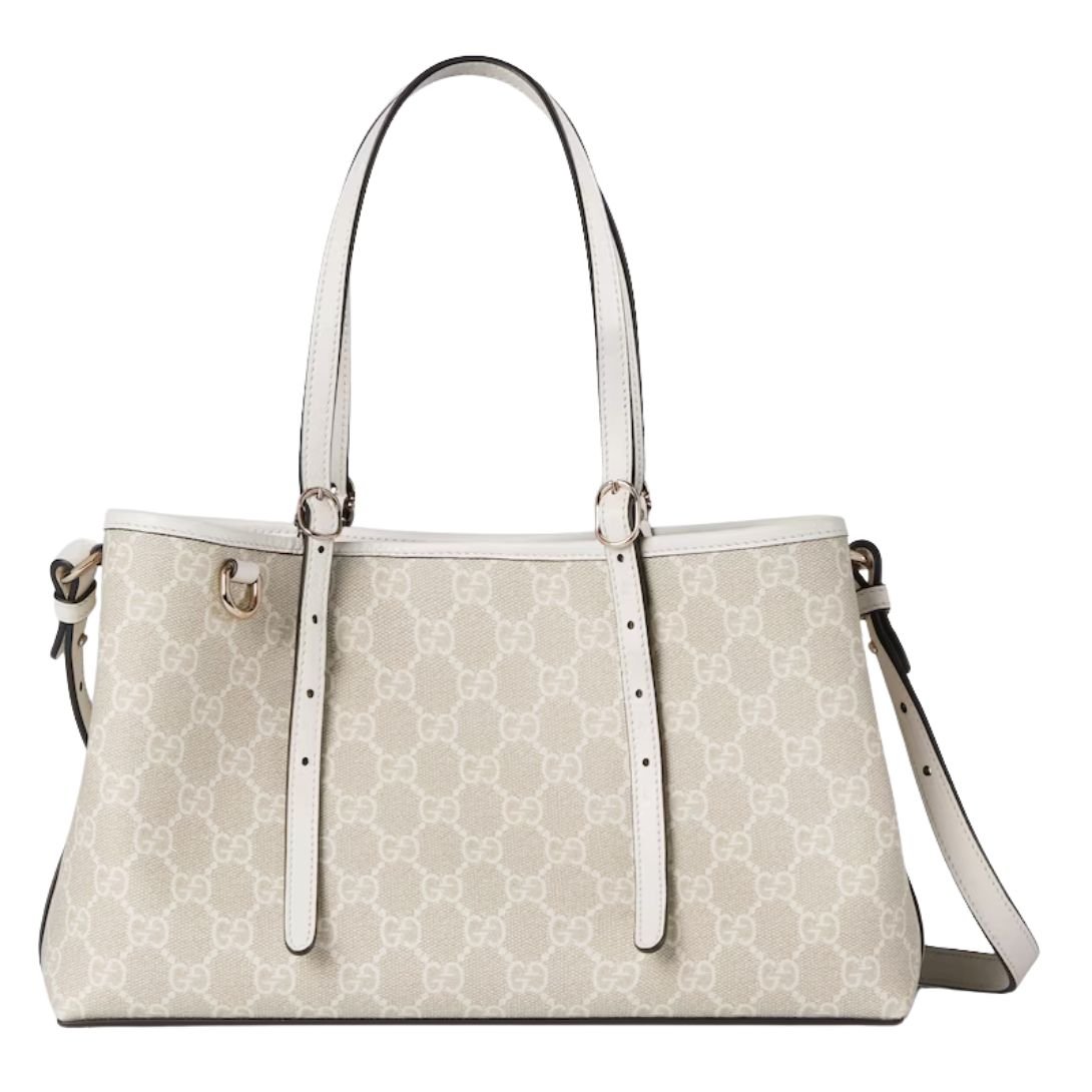 GUCCI GG EMBLEM MEDIUM TOTE BAG BEIGE AND WHITE
