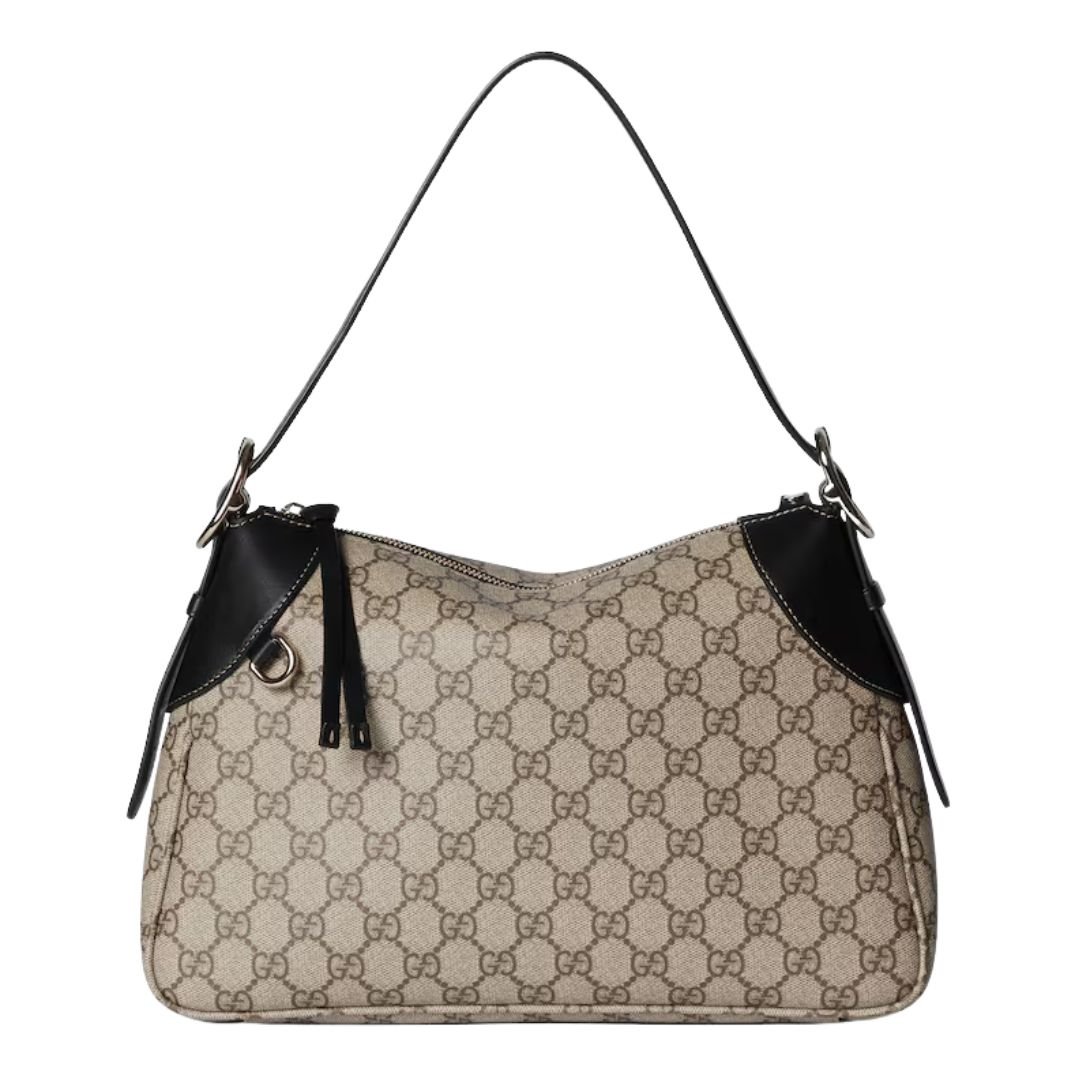 GUCCI GG EMBLEM MEDIUM SHOULDER BAG BEIGE AND DARK BROWN