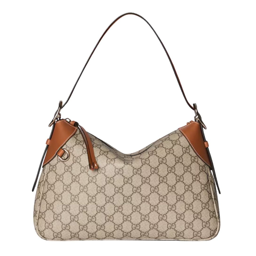 GUCCI GG EMBLEM MEDIUM SHOULDER BAG BEIGE AND DARK BROWN