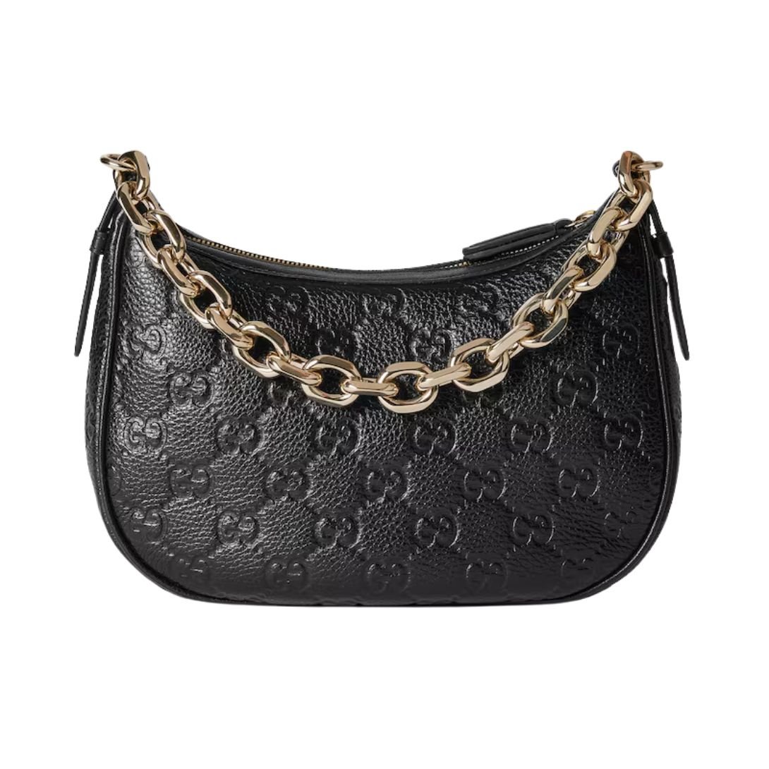 GUCCI GG EMBLEM MEDIUM SHOULDER BAG BLACK LEATHER