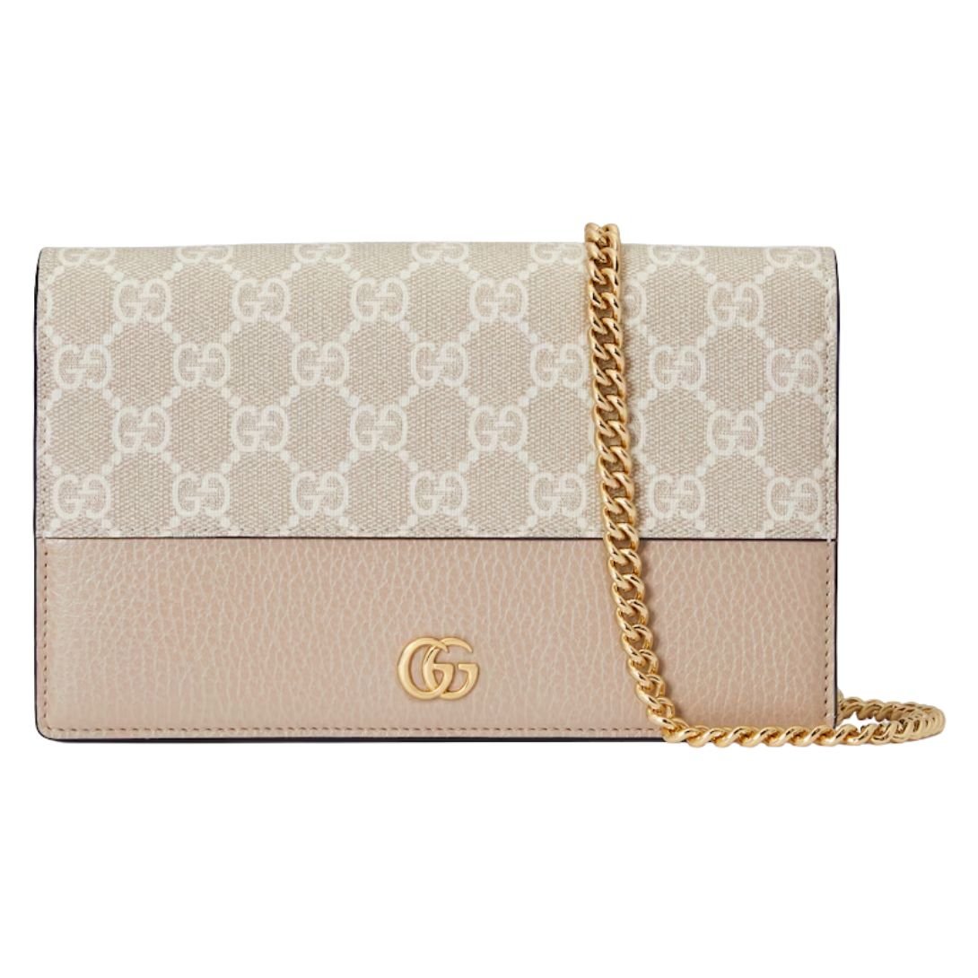 GUCCI GG MARMONT BI-COLOR WALLET ON CHAIN OATMEAL LEATHER