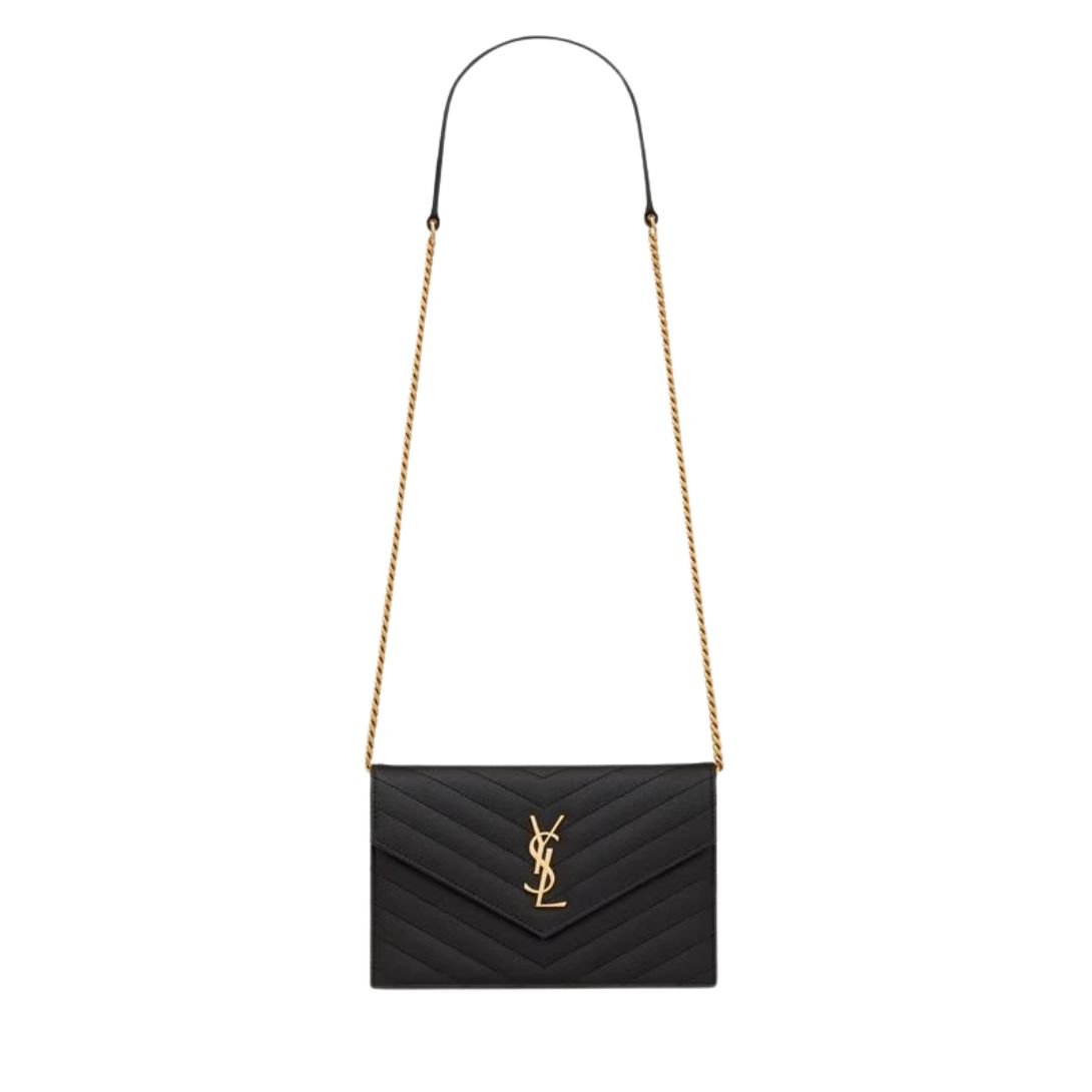 SAINT LAURENT CASSANDRE ENVELOPE CHAIN WALLET WOMEN IN GRAIN DE POUDRE LEATHER NOIR