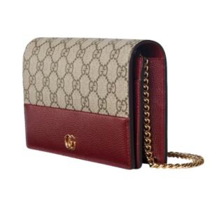 WOMEN GUCCI GG MARMONT LEATHER MINI CHAIN BAG BEIGE AND ANCORA RED